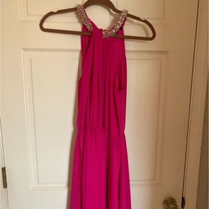 Gianni Bini Hot Pink High Neck Flowy Dress with beaded neckline